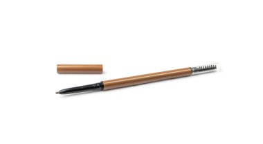 Eyebrow pencil isolated. Cosmetic pencil, brown eyeliner, crayon pen with brush, mockup eyebrow pencil on white background