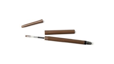 Eyebrow pencil isolated. Cosmetic pencil, brown eyeliner, crayon pen with brush, mockup eyebrow pencil on white background