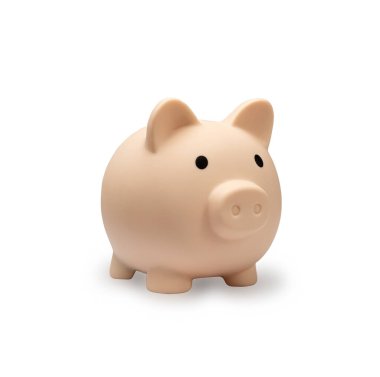 Domuz kumbarası ıssız. Para kutusu, tasarruf domuzu, küçük para kutusu, ev finansmanı konsepti, domuz kumbarası, domuz kumbarası, ön manzara, beyaz arka plan, kırpma yolu.