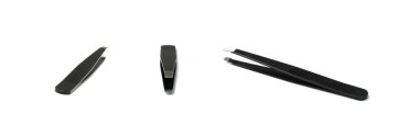 Black tweezers isolated. Steel eyebrow forceps, cosmetic tool, stainless pincette, small cosmetic pincers, metal hair tweezer on white background