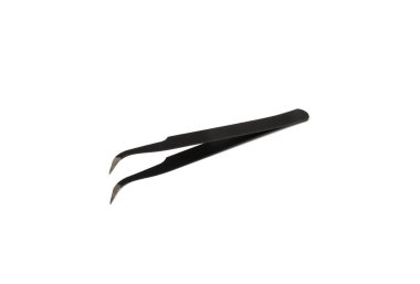 Black tweezers isolated. Steel eyebrow forceps, cosmetic tool, stainless pincette, small cosmetic pincers, metal hair tweezer on white background