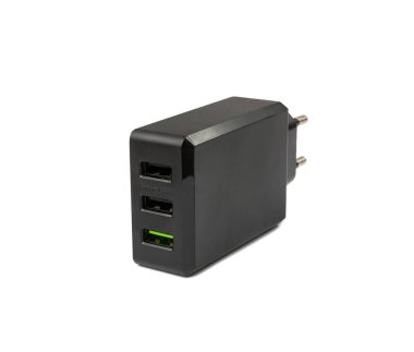 Usb şarj aleti izole edildi. Siyah europlug, beyaz arkaplanda yeni akıllı telefon AC şarj prizi