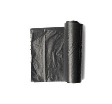 Garbage bag roll isolated. Trash package, new rolled plastic bin bags, black polyethylene waste container on white background