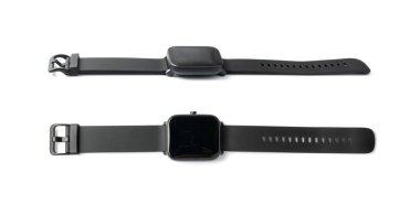 Fitness watch isolated. New smart wristwatch, fitness bracelet, digital pedometer, sport fitbit, black fitness watch on white background