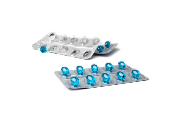 Práškové Blistry Izolovány Modrá Tobolka Balení Léků Balení Tablet Lékárnička — Stock fotografie