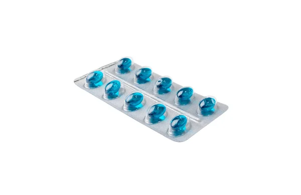 Blistry Odizolowane Niebieska Kapsułka Opakowanie Lekami Opakowanie Tabletkami Apteczka Blister — Zdjęcie stockowe
