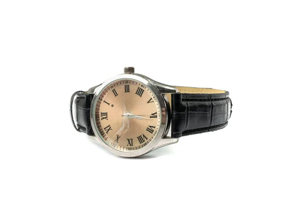 Broken Wristwatch Isolated Old Wrist Watch Black Leather Strap Classic — Stockfoto