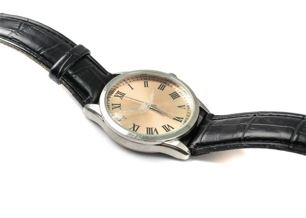 Broken Wristwatch Isolated Old Wrist Watch Black Leather Strap Classic — Fotografia de Stock