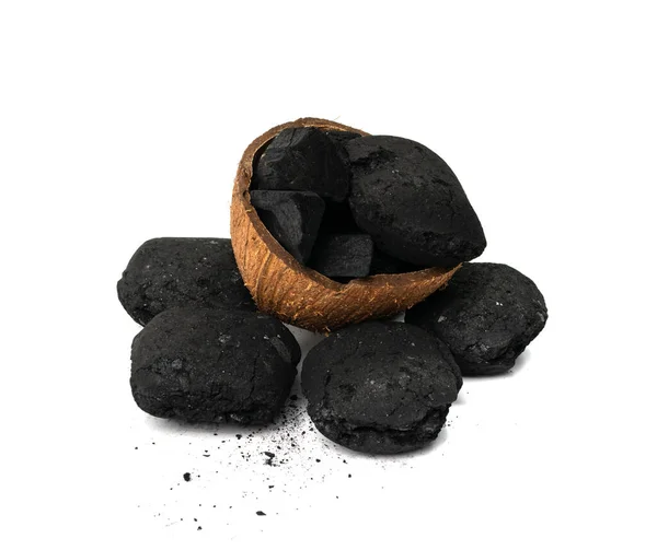 Coconut Coal Briquette Isolated Pressed Charcoal Braai Coconut Barbecue Coal — Stok fotoğraf