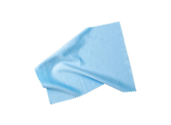 Ткань из голубых очков. Тряпка для линз, очки для чистки одежды из микроволокон, ткань для чистки дисплея на белом фоне с вырезкой дорожки сверху