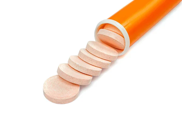 Enstaka Brustabletter Fizzy Tabletter Grupp Närbild Rosa Orange Brusande Vitamintillskott — Stockfoto