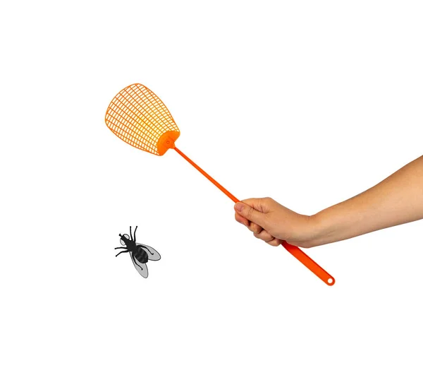 Fly Swatter Στο Χέρι Απομονώνονται Περικοπή Διαδρομή Πορτοκαλί Πλαστικό Swatter — Φωτογραφία Αρχείου