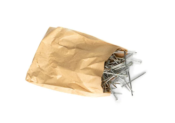 Metal Nail Pile Paper Bag Isolated Steel Nails Construction Hardware —  Fotos de Stock