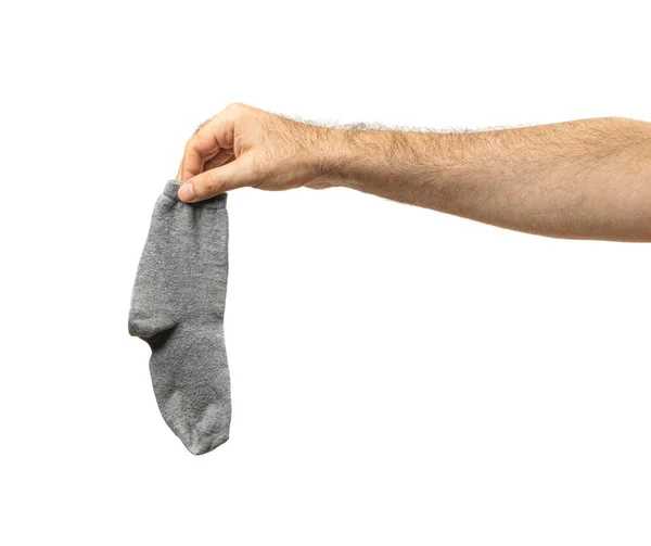 Ruka Drží Špinavé Ponožky Izolované Praní Prádla Domácí Práce Koncept — Stock fotografie