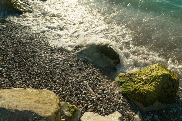 Sea Waves Pebble Beach Texture Background Transparent Ocean Water Rocky — Stock Fotó