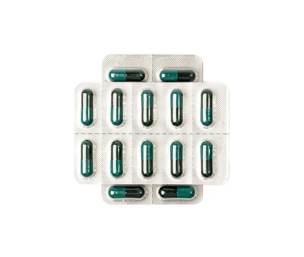 Blistry Odizolowane Czarno Zielone Opakowanie Kapsułki Opakowanie Lekami Opakowanie Tabletkami — Zdjęcie stockowe