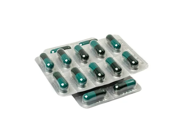Pill Blister Isolated Black Green Capsule Package Drugs Packaging Pill — Zdjęcie stockowe