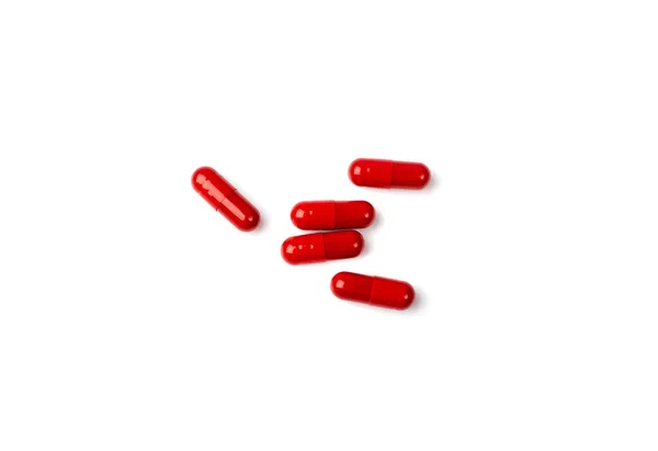 Czerwone Pigułki Zestaw Kapsułek Izolowany Przeciwbólowy Leki Przeciwbólowe Kolekcja Tabletek — Zdjęcie stockowe