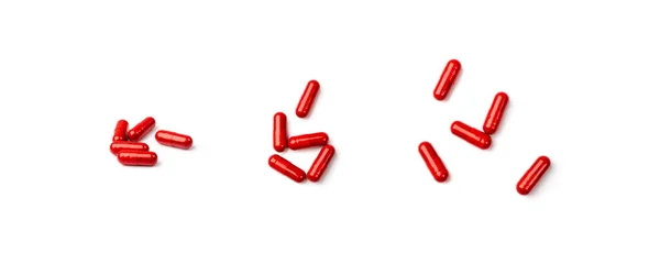 Red Pill Capsules Isolated Analgesic Pile Painkiller Drugs Sedative Pills — Stock Photo, Image