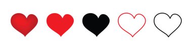 Kalp ikonu ayarlandı. Kırmızı ve siyah kalpler sembolü, aşk işareti, kalp atışı silueti, beyaz arkaplanda izole kalp resimleri, romantik vektör illüstrasyonu