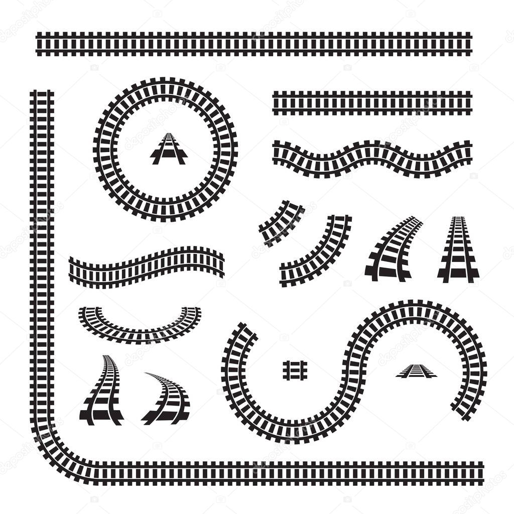 Railway icon set, rails symbol, train tracks sign, railroad pictogram brushes, railway track silhouette, rail way lines vector illustraton