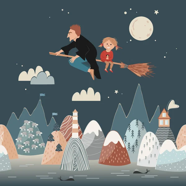 Linda brujita con su padre volando en una escoba frente a la luna llena bajo el mar y las montañas. Tarjeta de Halloween, vector mágico paisaje — Vector de stock