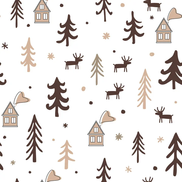 Скандальный зимний узор без швов. Простой олень, дома и деревья пейзаж. Минималистские европейские дома. Карикатура на Рождество — стоковый вектор