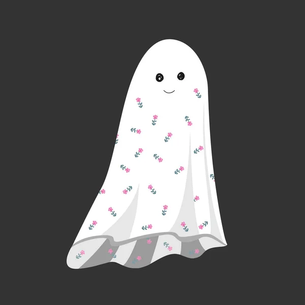 Милый улыбающийся призрак в винтажном цветочном листе. Шаблон для оформления Хэллоуина. Изолированная векторная иллюстрация — стоковый вектор