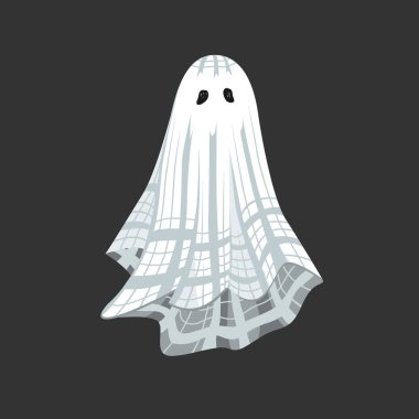 Eski kareli çarşaflı şirin bir hayalet. Cadılar Bayramı dekoratif tasarımı için şablon. İzole vektör illüstrasyonu