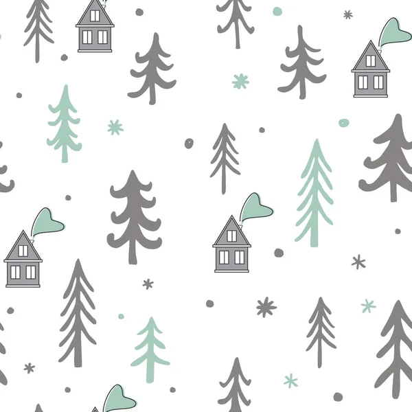 Modèle sans couture d'hiver scandinave. Mignonnes maisons, et des arbres paysage. Dessin animé Fond vectoriel de Noël — Image vectorielle