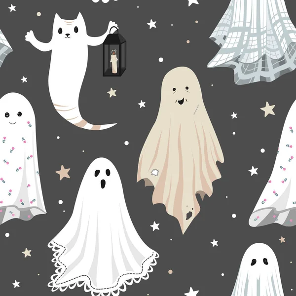 Patrón sin costuras con fantasmas de dibujos animados lindos en sábanas vintage vestirse. Halloween partido vector ilustración — Archivo Imágenes Vectoriales