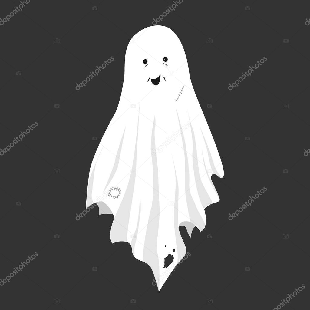 Smiling ghost in an old tattered sheet isolated on black background. Ghost vector logo. Modern pictogram for web graphics.
