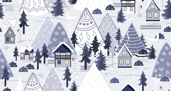 Winter seamless pattern. Cute houses, mountains and trees landscape. Cartoon Xmas vector background — Stock Vector