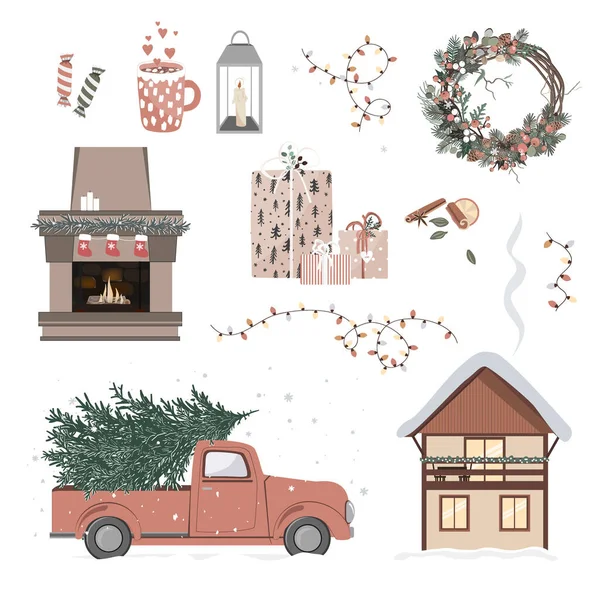 Vánoce a Nový rok set s vintage auto, zdobený dům, vánoční výzdoba a dárky. Scrapbooking designové prvky a ikony izolované na černém pozadí. Návrh vektoru — Stockový vektor