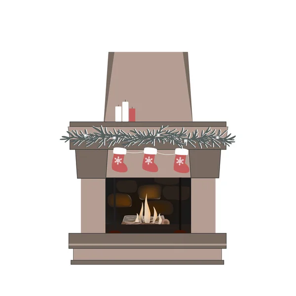 Christmas fireplace. Xmas and fire, home decoration design element, interior for celebration. Flat vector cartoon illustration isolated on a white background — Stock Vector