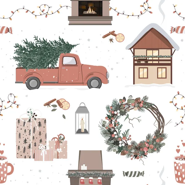 Vánoce a Nový rok bezproblémový vzor s vintage auto, krbem, zdobený dům, vánoční výzdoba a dárky. Pozadí vektoru — Stockový vektor
