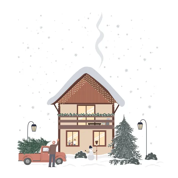 Рождественский украшенный дом и ретро пикап с елкой. Семья ждёт отца с ёлкой. Векторная открытка с мультфильмом "С Рождеством" — стоковый вектор