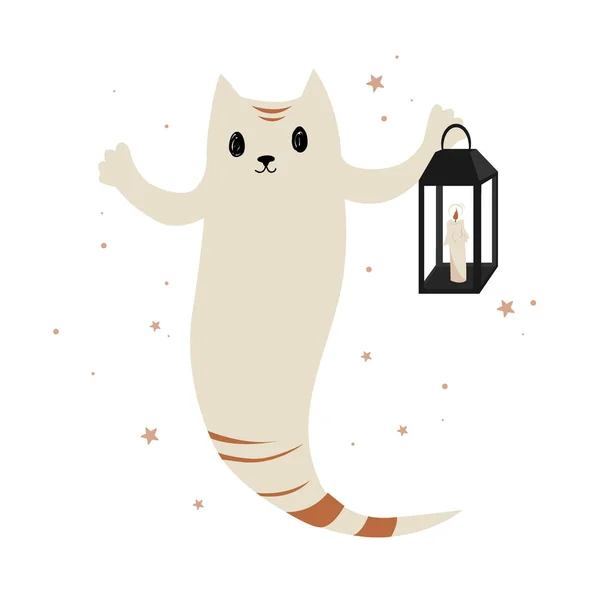 Mignon personnage de dessin animé fantôme chat avec un porte-lanterne bougie. Halloween chaton icône logo. Illustration vectorielle isolée sur blanc — Image vectorielle