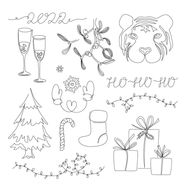 Colección de elementos de diseño Xmas 2022 en estilo continuo de dibujo de una línea. Set con árbol de Navidad, cabeza de tigre, muérdago, regalos, luces y copas de champán. Ilustración vectorial moderna — Vector de stock