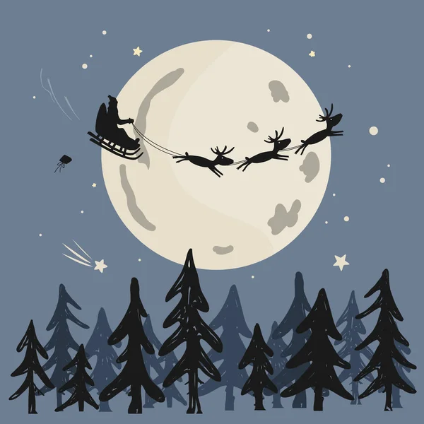 Санта зі стадом оленів літають у нічному небі під Різдвяним лісом. Санта-сани їдуть через лінію малювання лісу біля великого місяця вночі, векторна ілюстрація — стоковий вектор