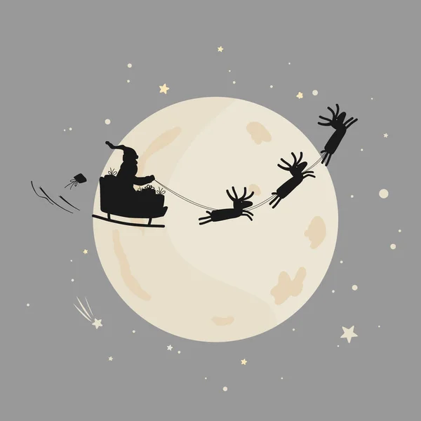 Санта Клаус їде на санях в упряжі на олені в повному місячному небі. Вектор орлиного стада, ізольований на білому — стоковий вектор