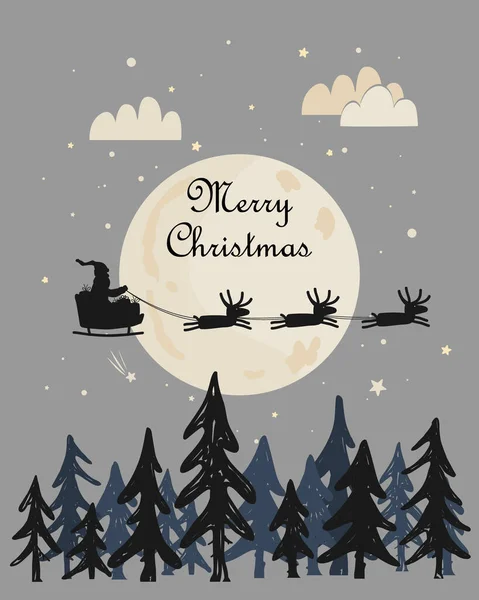 Santa y su manada de ciervos volando por el cielo nocturno bajo el bosque de Navidad. Santa trineo que conduce sobre la madera cerca de la luna grande en la noche, ilustración del vector de Navidad — Vector de stock