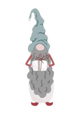 Hediye kutusu tutan uzun kıvırcık sakallı şirin bir Noel cücesi. Beyaz üzerine izole edilmiş vektör el çizimi. İskandinav tarzında Xmas Ormanı Elfi