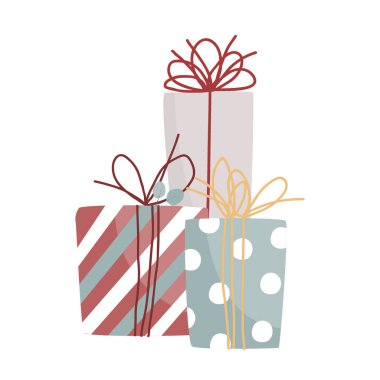 Şirin hediye kutuları ya da Noel hediyeleri. Karalama kağıdına sarılı Xmas hediyeleri, vektör illüstrasyonu