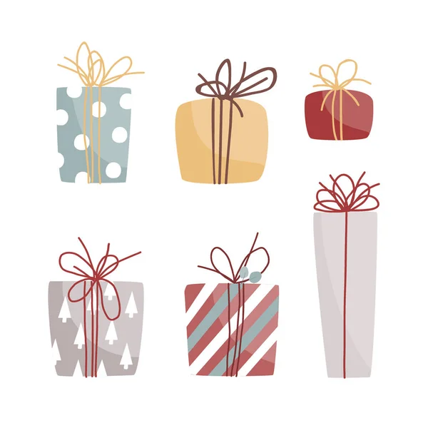 Vánoční dárkové krabice clipart set. Doodle Vánoční dárky kolekci. Útulné prvky zimního designu pro srickers, logo, karty, plakáty, obaly, scrapbooking. Vektorová ilustrace — Stockový vektor