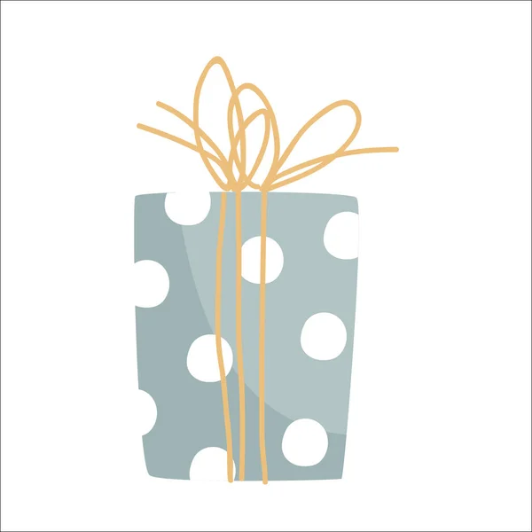 Presentera blå låda med vita prickar och gult rep. Doodle handritad stil. Klippobjekt för födelsedag, semester, jul, nyårskort, banderoller, försäljning koncept. Isolerad vektor illustration — Stock vektor