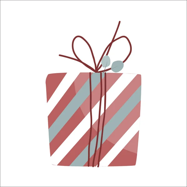 Çizgili kağıda sarılı ve kırmızı ip ve okaliptüs dallarıyla süslenmiş mevcut kutu. Karalama el çizimi tarzı. Doğum günü, bayram, Noel, Yeni Yıl kartları, afişler için izole vektör illüstrasyonu — Stok Vektör
