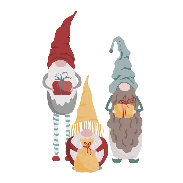Vector de gnomo de Navidad. Lindos elfos en sombreros de Santa con cajas de regalo de Navidad, estilo de dibujos animados. Tarjeta de felicitación navideña con personajes escandinavos aislados sobre fondo blanco — Vector de stock