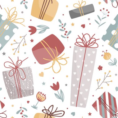 Çiçekler, kalpler ve hediye kutularıyla kusursuz romantik bahar titreşimleri. Doğum günü veya Sevgililer Günü vektör karalama arkaplanı