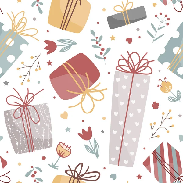 Çiçekler, kalpler ve hediye kutularıyla kusursuz romantik bahar titreşimleri. Doğum günü veya Sevgililer Günü vektör karalama arkaplanı